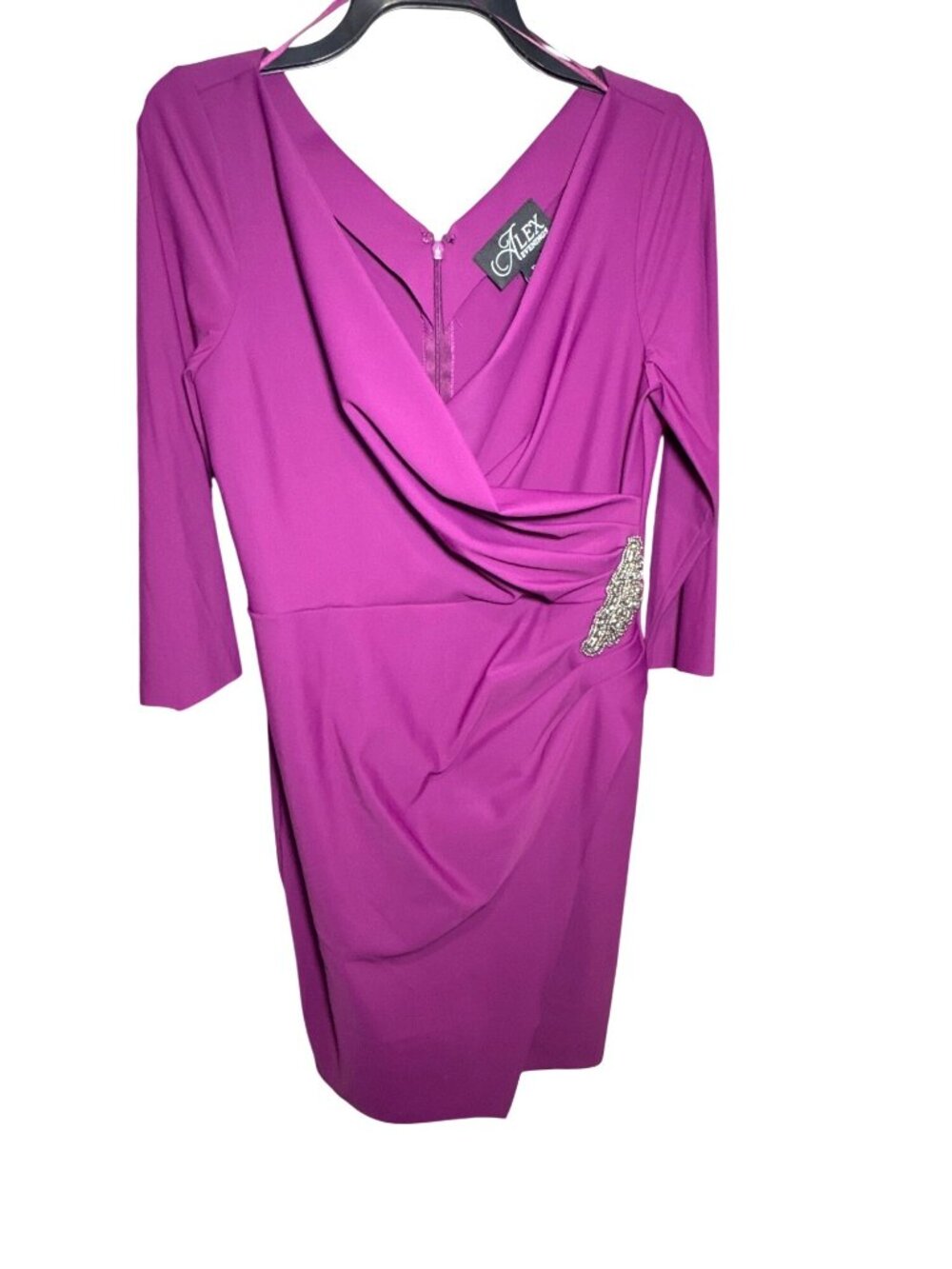 NWT Alex Evenings Purple Ruched Rhinestone Midi Sheath Dress Size 12 MSRP $239